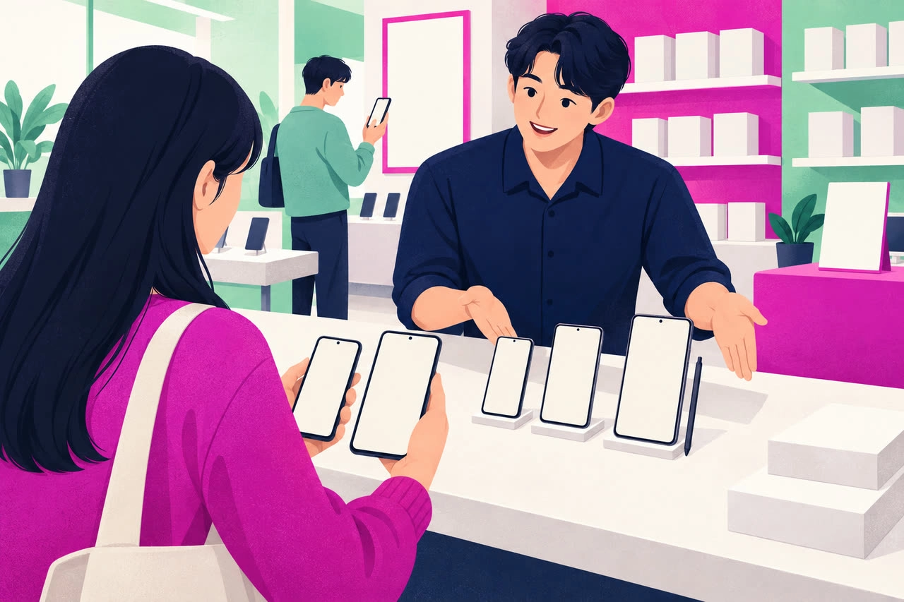 매장에서 스마트폰을 들어 보며 크기와 사용감 비교