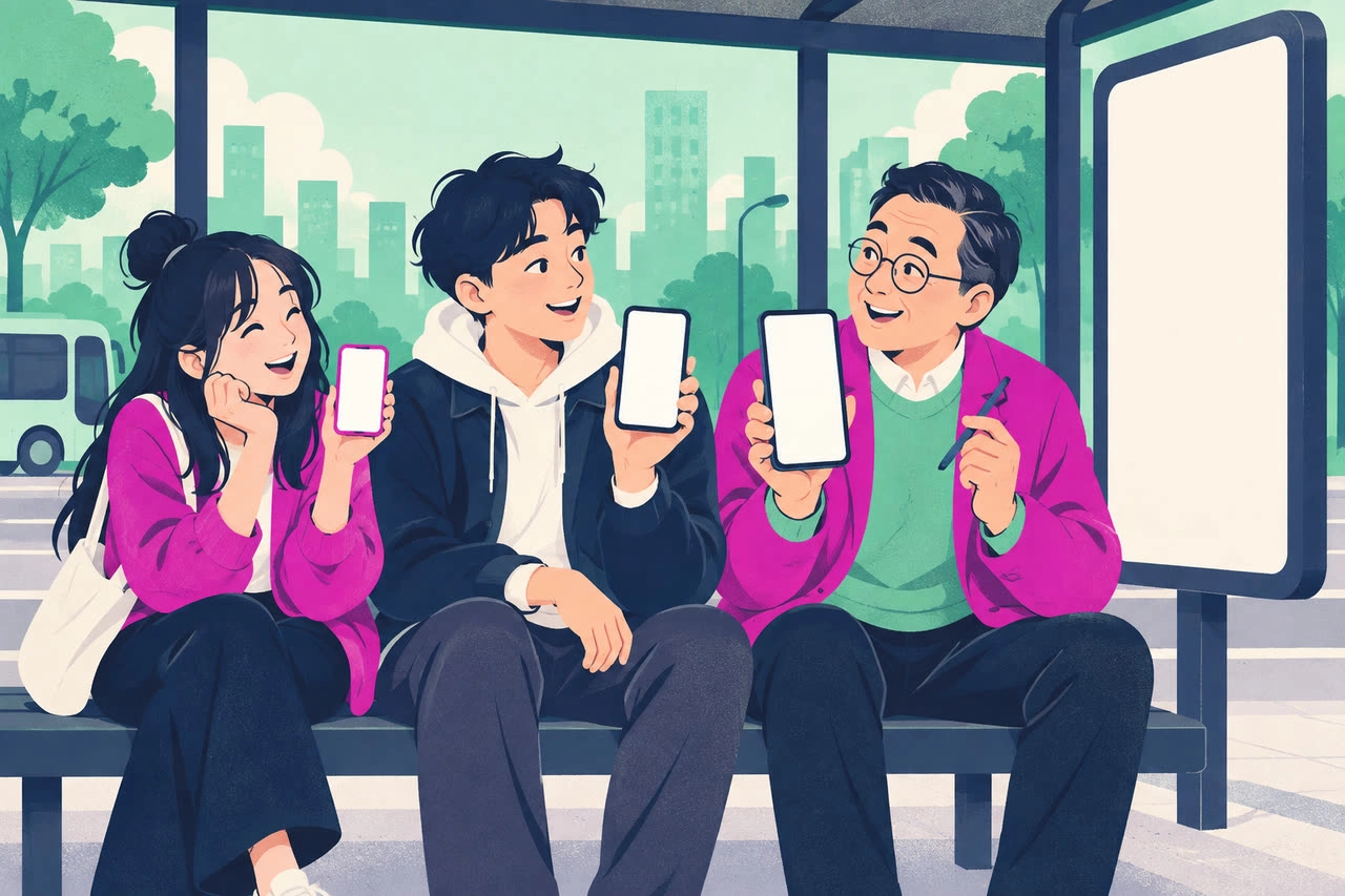 화면 크기가 다른 스마트폰 세 대를 비교하는 사람들
