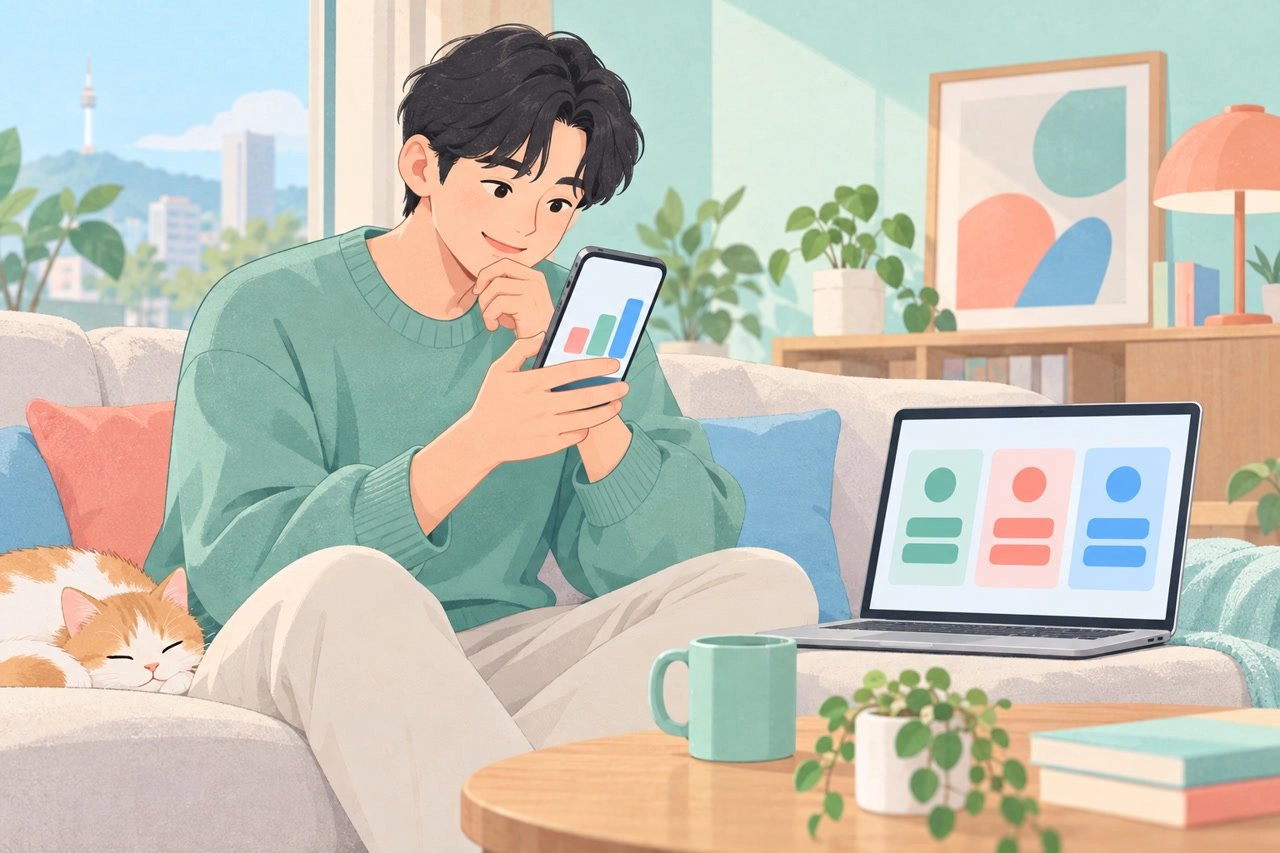 휴대폰에서 최근 데이터 사용량을 확인하며 알뜰폰 요금제를 비교하는 사람