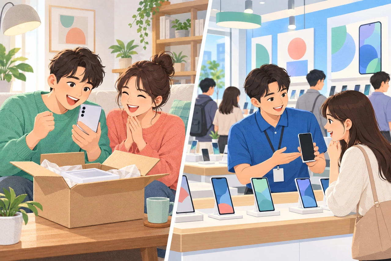 자급제폰과 알뜰폰 요금제를 고르는 장면과 매장에서 지원금 조건을 확인하는 장면의 비교