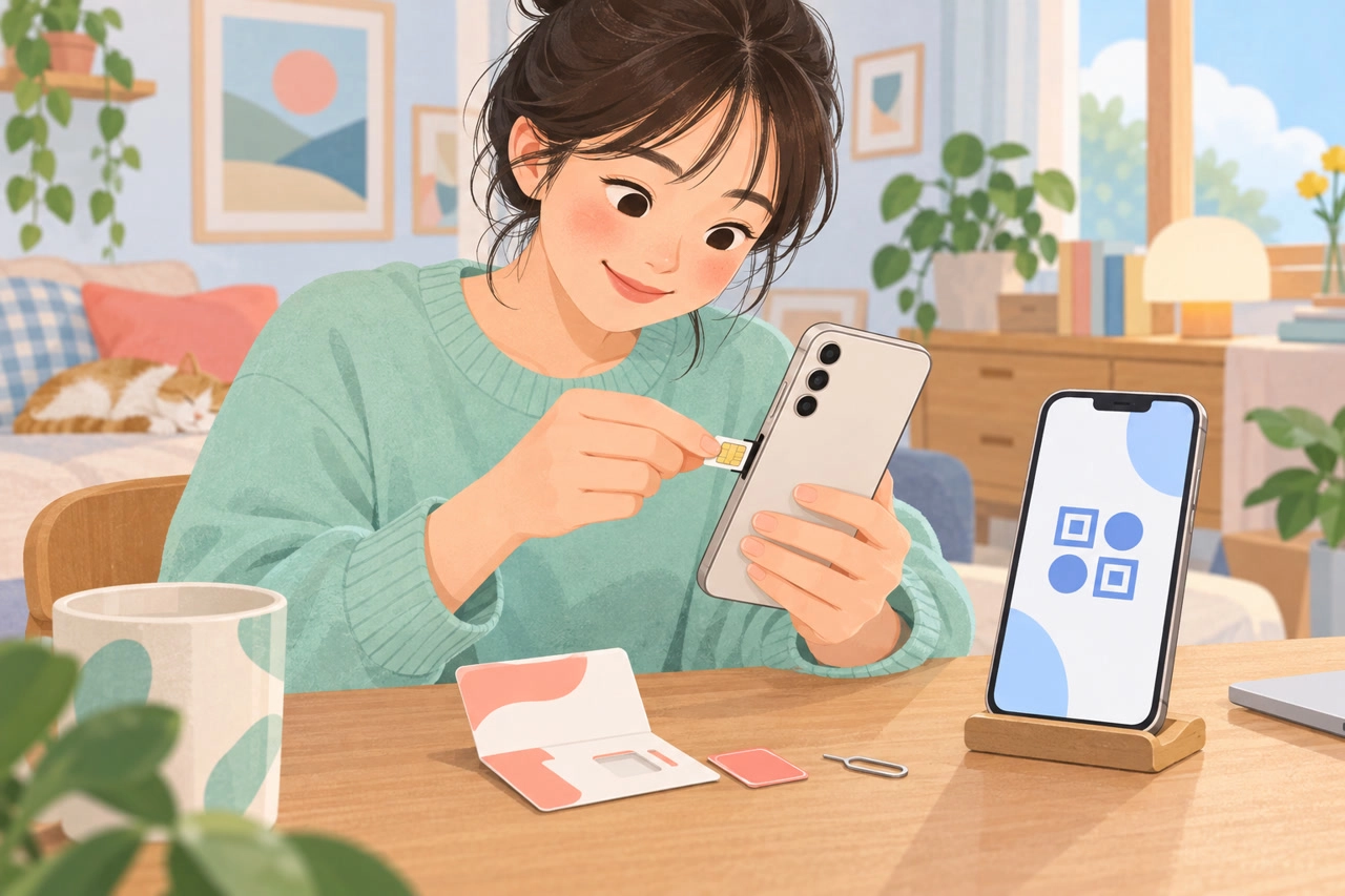 집에서 가입 안내를 보며 유심 또는 eSIM으로 알뜰폰을 직접 개통하는 사람