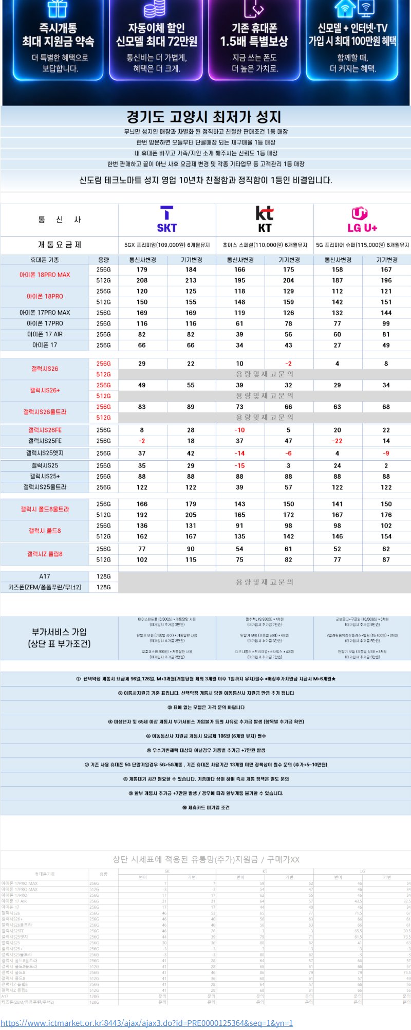 경기 일산 성지폭격기 휴대폰 성지 시세표 2
